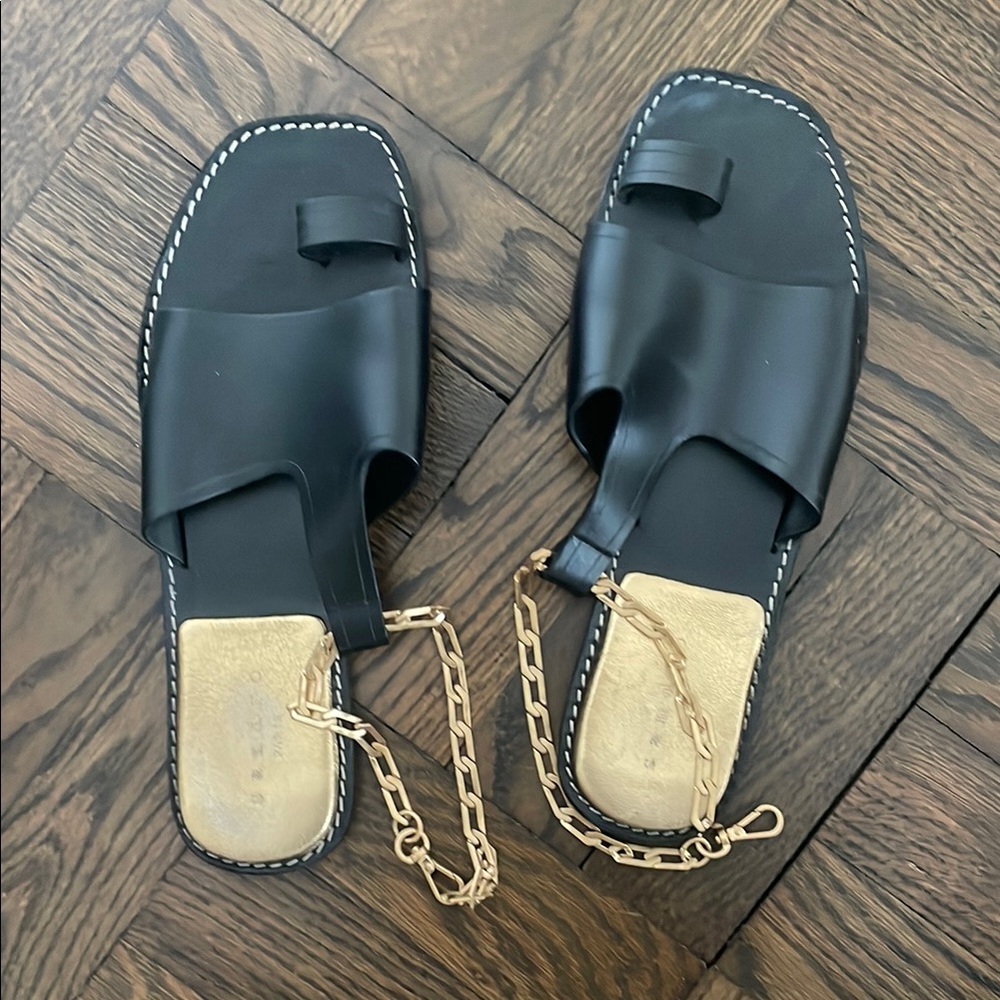 Sandro Black and Gold Sandals with Chic Chain Detail